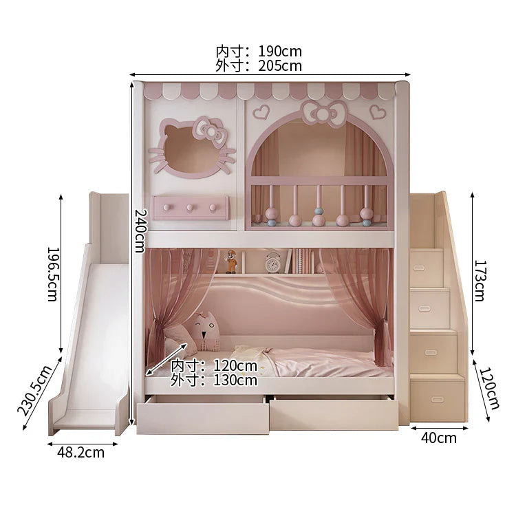 二段ベッド キッズベッド 無垢材ベッド 安全設計二段ベッド 子供部屋用ベッド 厚手無垢材フレーム 環境配慮型水性塗料 収納棚・引き出し付き 滑り台付き ピンク シンプル SCC-C104