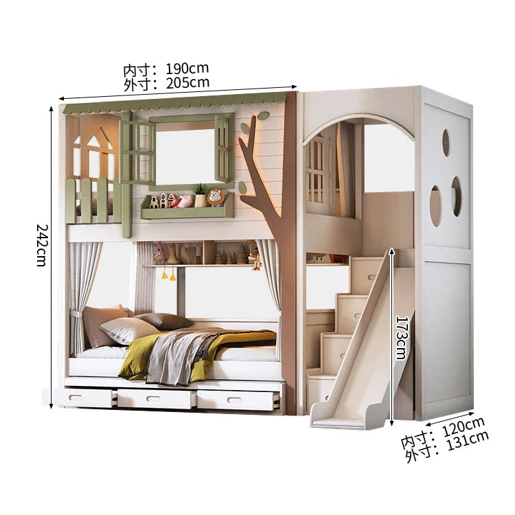 二段ベッド キッズベッド 木製二段ベッド 子供部屋用家具 ツリーハウスデザイン 厚手マツ無垢床板 落下防止全方位保護 高い耐荷重 ホワイト SCC-S079