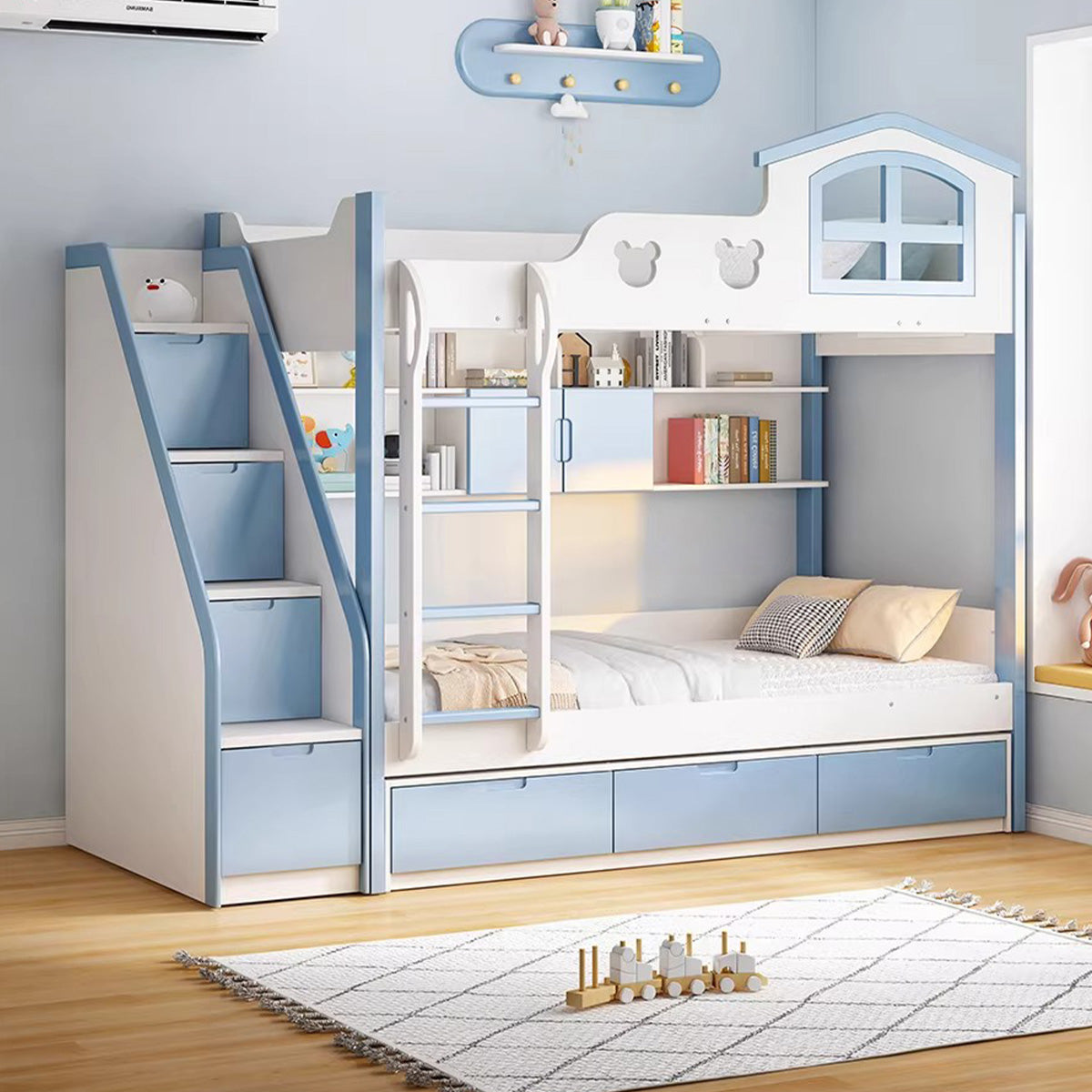 二段ベッド 子供用二段ベッド 寝具 シンプルな二段ベッド 落下防止ガード はしご 引き出し付き 透かし彫りデザイン メラミン化粧板 カスタマイズ可能 SCC-S055