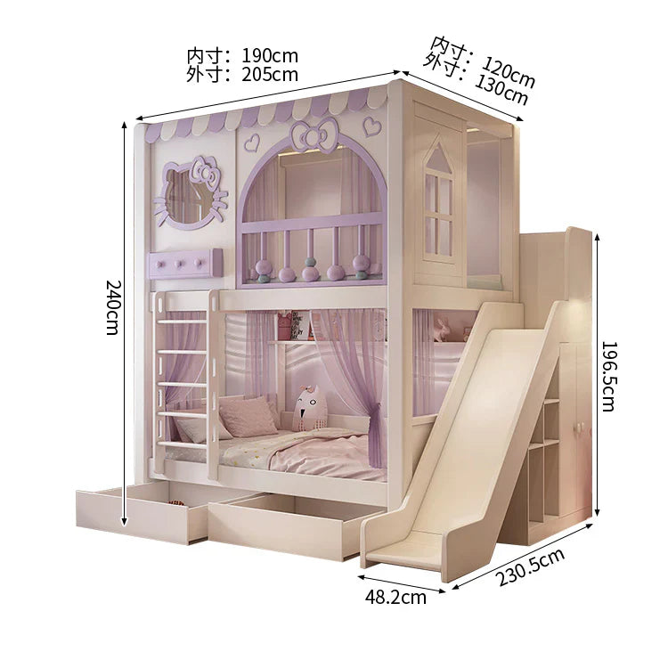 二段ベッド キッズベッド 無垢材ベッド 安全設計二段ベッド 子供部屋用ベッド 厚手無垢材フレーム 環境配慮型水性塗料 収納棚・引き出し付き 滑り台付き ピンク シンプル SCC-C104