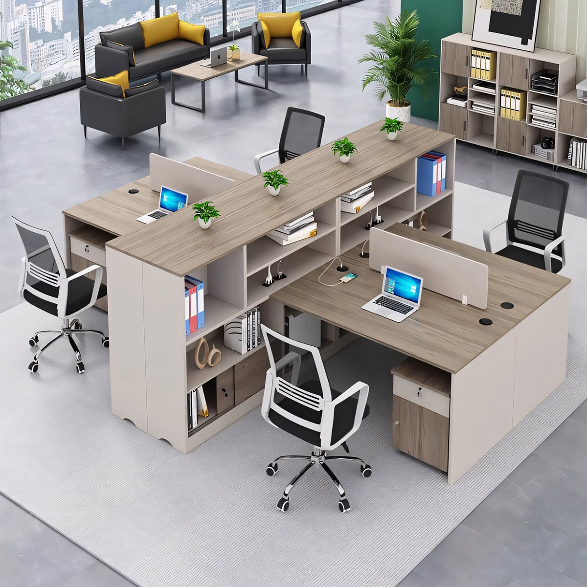 オフィスデスク デスク ワークデスク オフィス用 事務所 幕板 広い天板 厚み 安定性 収納棚 多段式 トップパネル 木目調 機能的 使い勝手 モダン カスタマイズ可能 BGZ-K033 kaguyasu