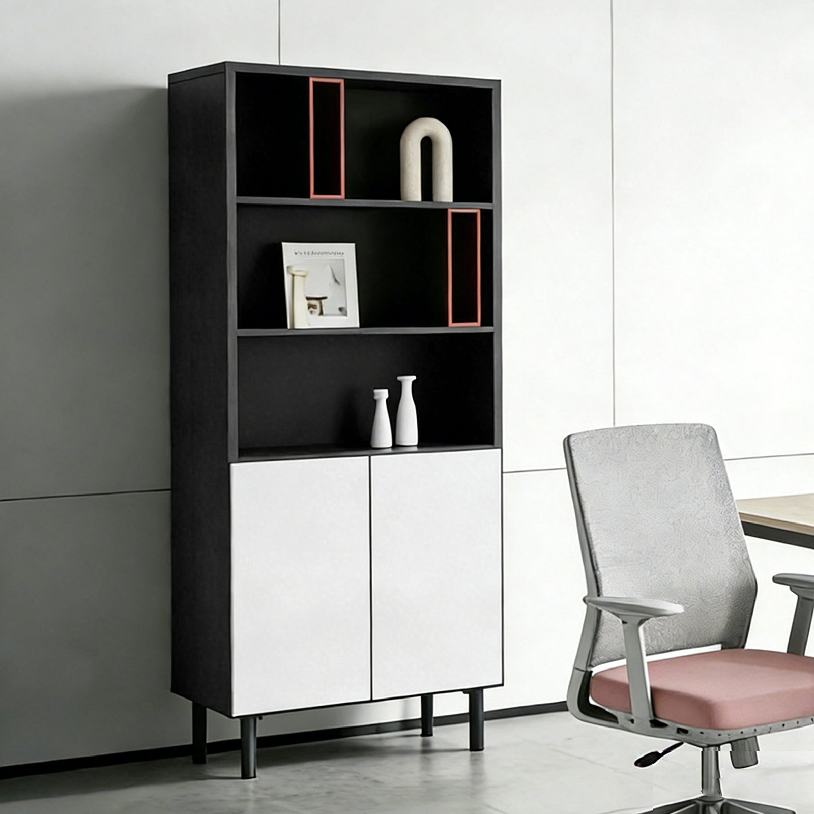 オフィス収納キャビネット メラミン化粧板 大容量収納 耐荷重 丸型脚 プッシュオープン扉 カスタマイズ可能 CWG-H0-G0