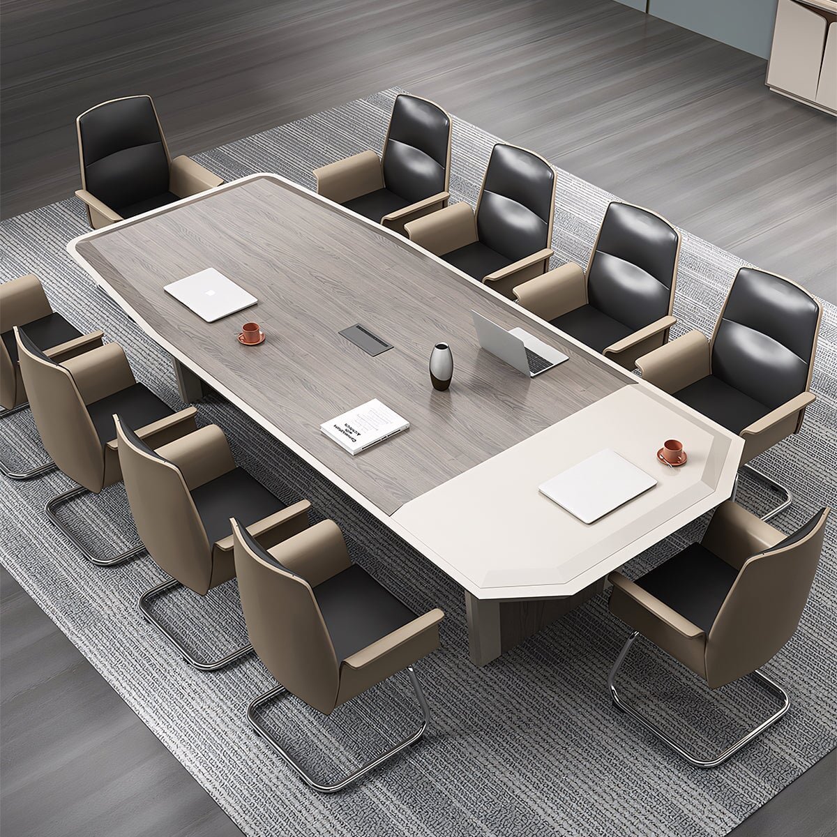 会議テーブル 会議机 ミーティングテーブル 木目調 バイカラーデザイン 角丸 配線ボックス付き 重厚感 ライトグレー カスタマイズ可能 HYZ-104 - tomokagu