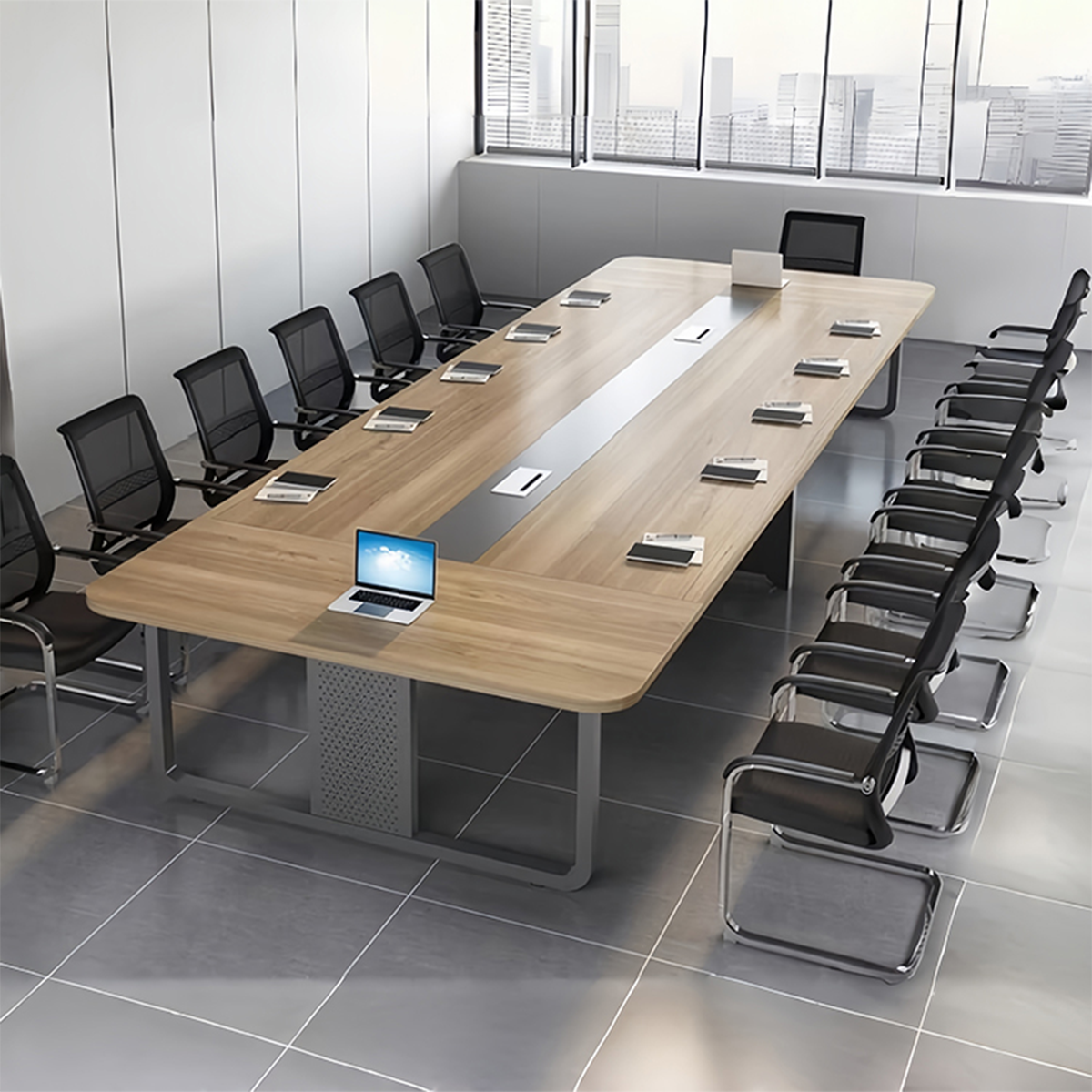 ミーティングテーブル 会議テーブル メラミン化粧板 エコ素材 耐荷重 耐摩耗性 スチール製脚 配線孔付き カスタマイズ可能 HYZ-T099