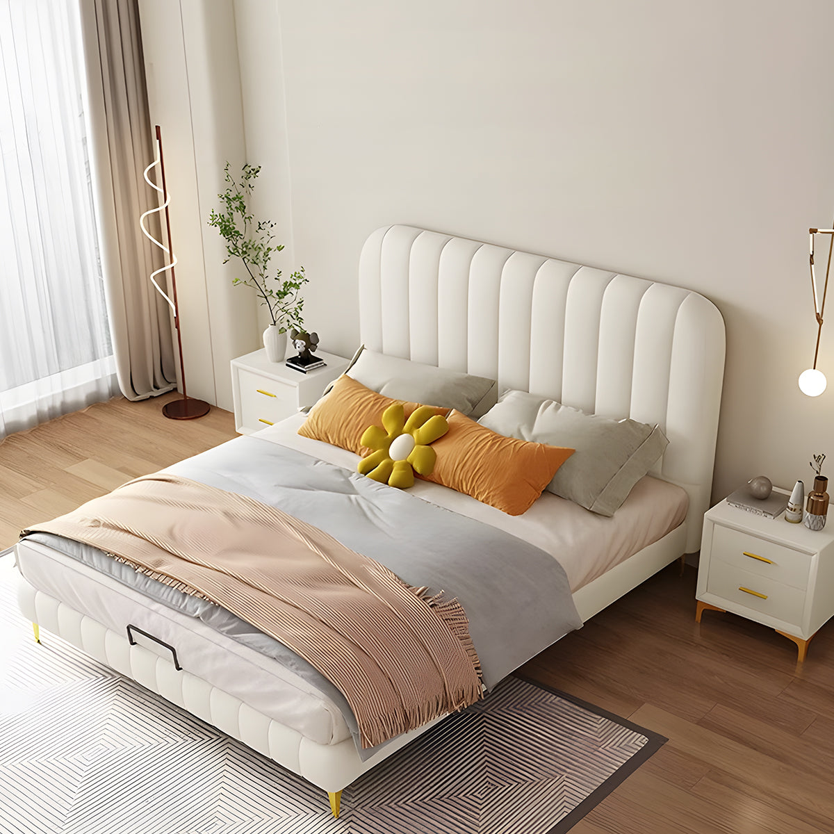 ガス圧シリンダー 大容量収納 天然木 背もたれ ベッド キングサイズ 二人用 天然木すのこ ヘッドボード 人間工学 収納付き