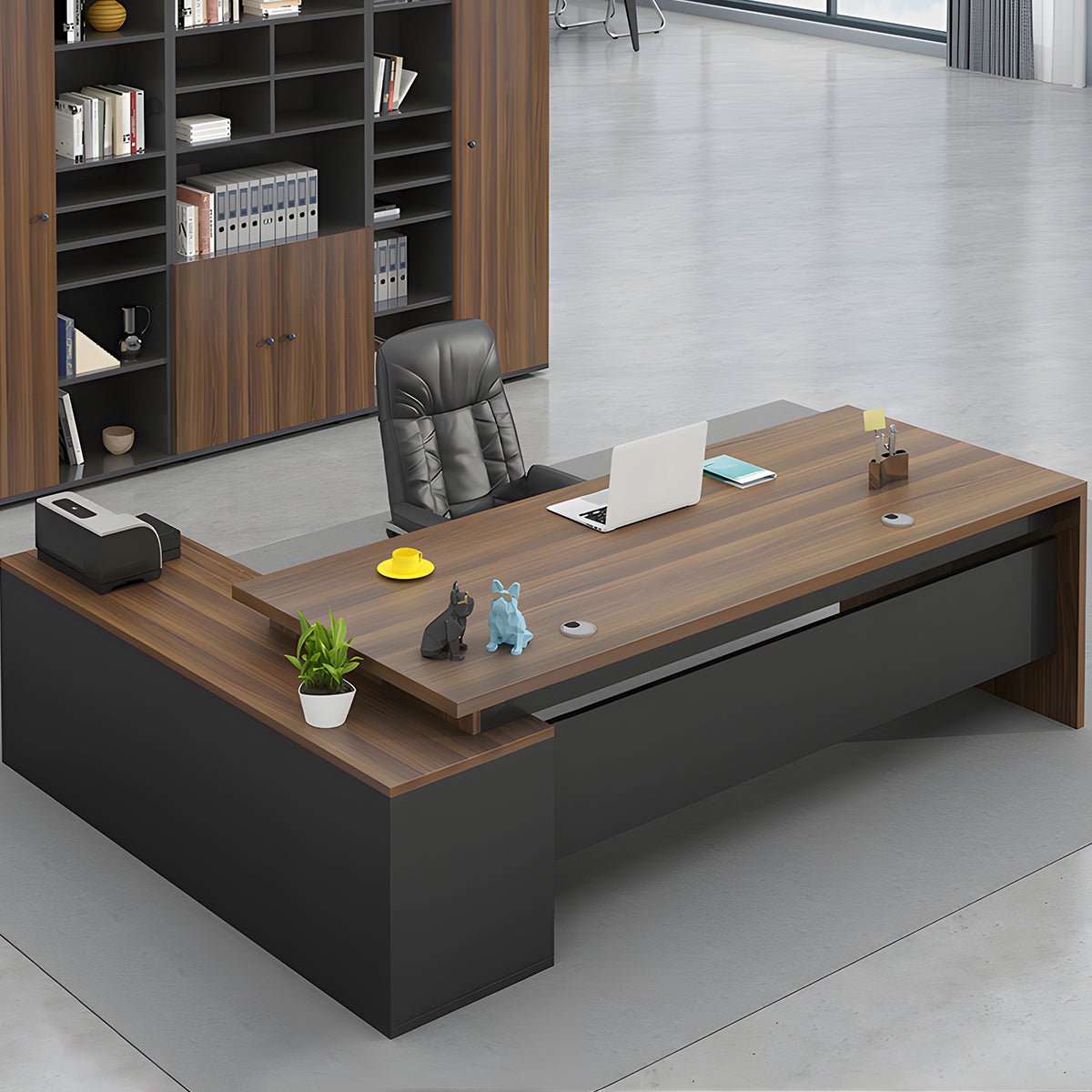 社長デスク エグゼクティブデスク オフィスデスク チェア 幕板付き 配線孔付き 機能性 キャビネット オープン収納 メラミン化粧板 エコ素材 高品質 LBZ - S011 - Kagushop