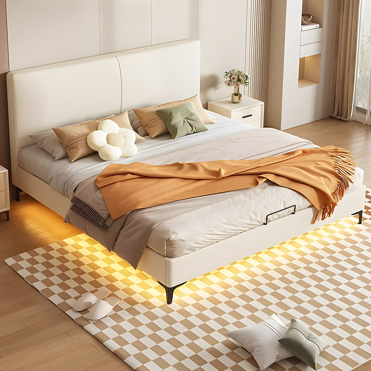 PUレザー 補強脚 アジャスター ウレタンフォーム LEDライト ベッド キング サイズ 二人用 天然木 カスタマイズ可能