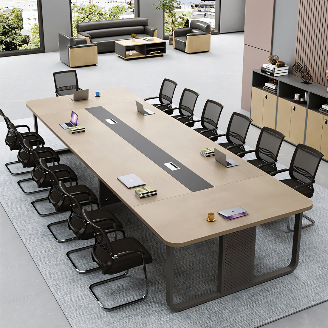 シンプル オシャレ 木目調 配線ボックス ミーティングテーブル 会議テーブル 安全無臭 安定 エコ メラミン化粧板 カスタマイズ可能 HYZ-T012