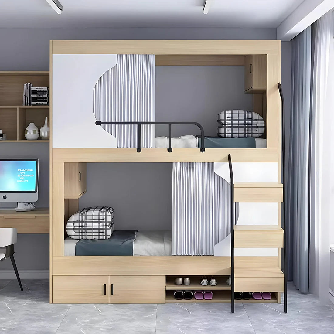 モダン オシャレ 二段ベッド ベニヤ合板 ベッド 大容量 収納棚 カーテン コットンリネン スチール カスタマイズ可能 SCC-T041