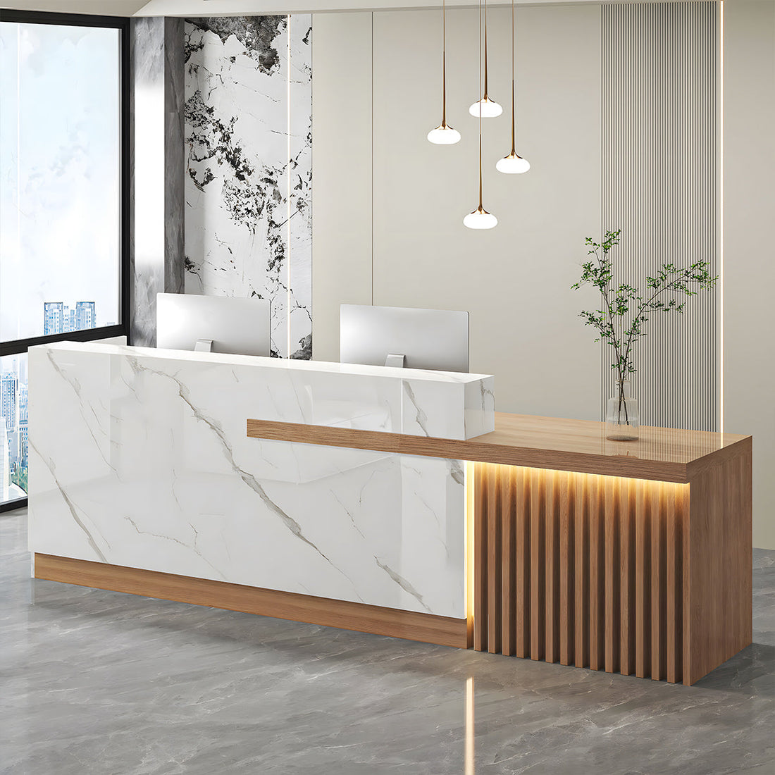 受付カウンター 受付台 オフィス受付 エントランス受付 作業台 L字型 機能性 LEDライト 収納 カスタマイズ可能 木目調 KAGUSHOP