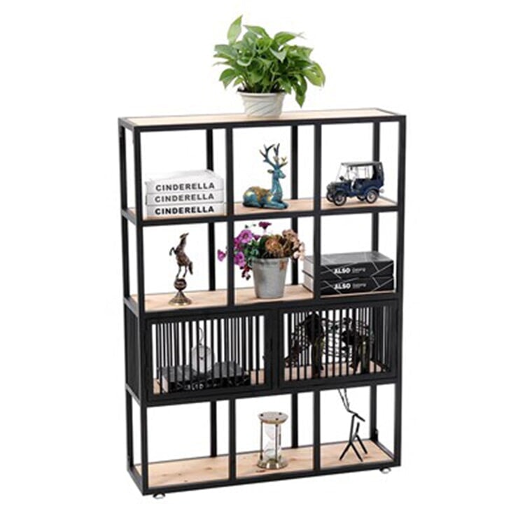 パーテーション オフィスラック シンプル 店舗用 天然木製 焼付塗装 アイアン製 収納スペース付き モダン ブラック ナチュラル カスタマイズ可能 metamall