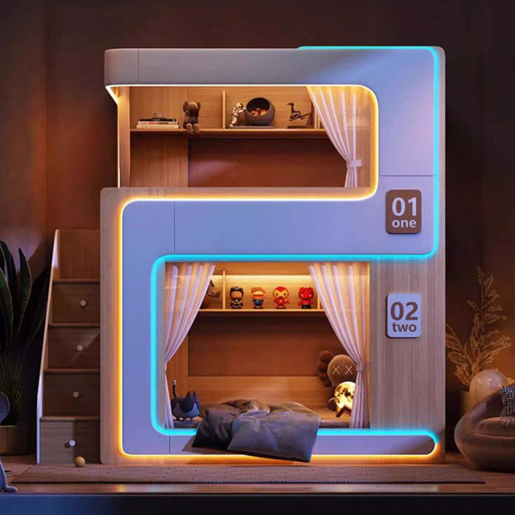 二段ベッド ベット おしゃれ LEDライト付き可能 エコ素材 ハシゴ 階段 引き出し R加工 SCC-T055