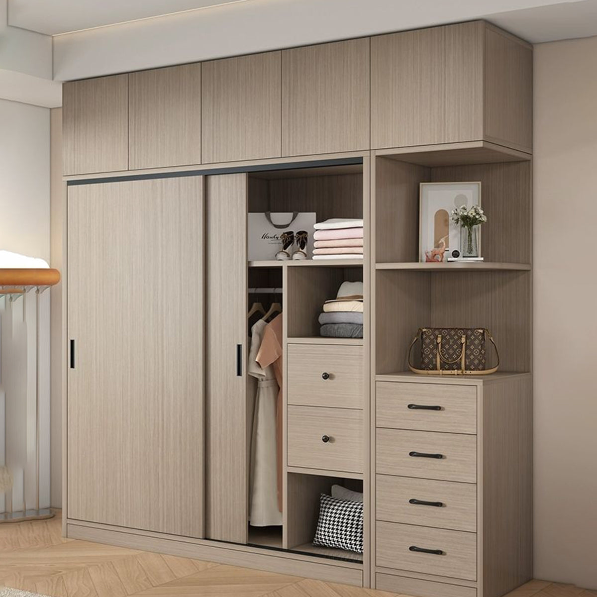 エコ板材 上置き収納 収納棚 大容量 分類収納 引き出し 物干し竿 引き戸 省スペース クローゼット 壁面収納 ワードローブ 多目的 実用 ウォールナット カスタマイズ可能 YG-K014