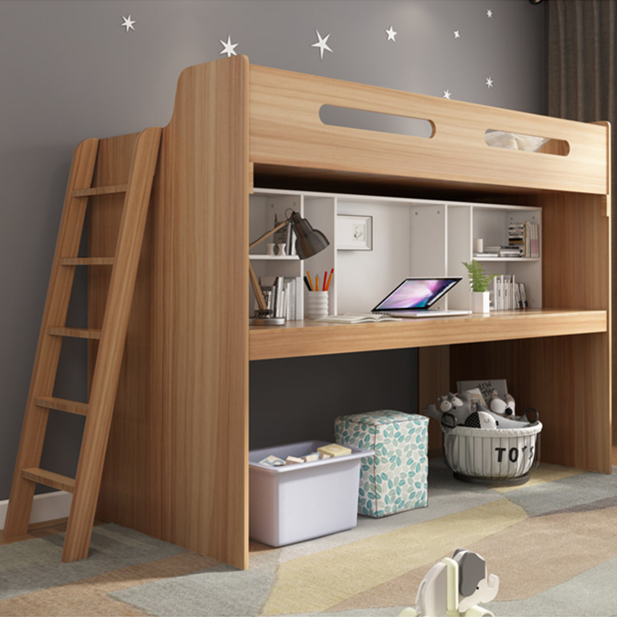 二段ベッド ベッドガード ワードローブ オープン収納 階段 ベット下収納 木目調 機能性 メラミン化粧板 エコ素材 SCC-T054