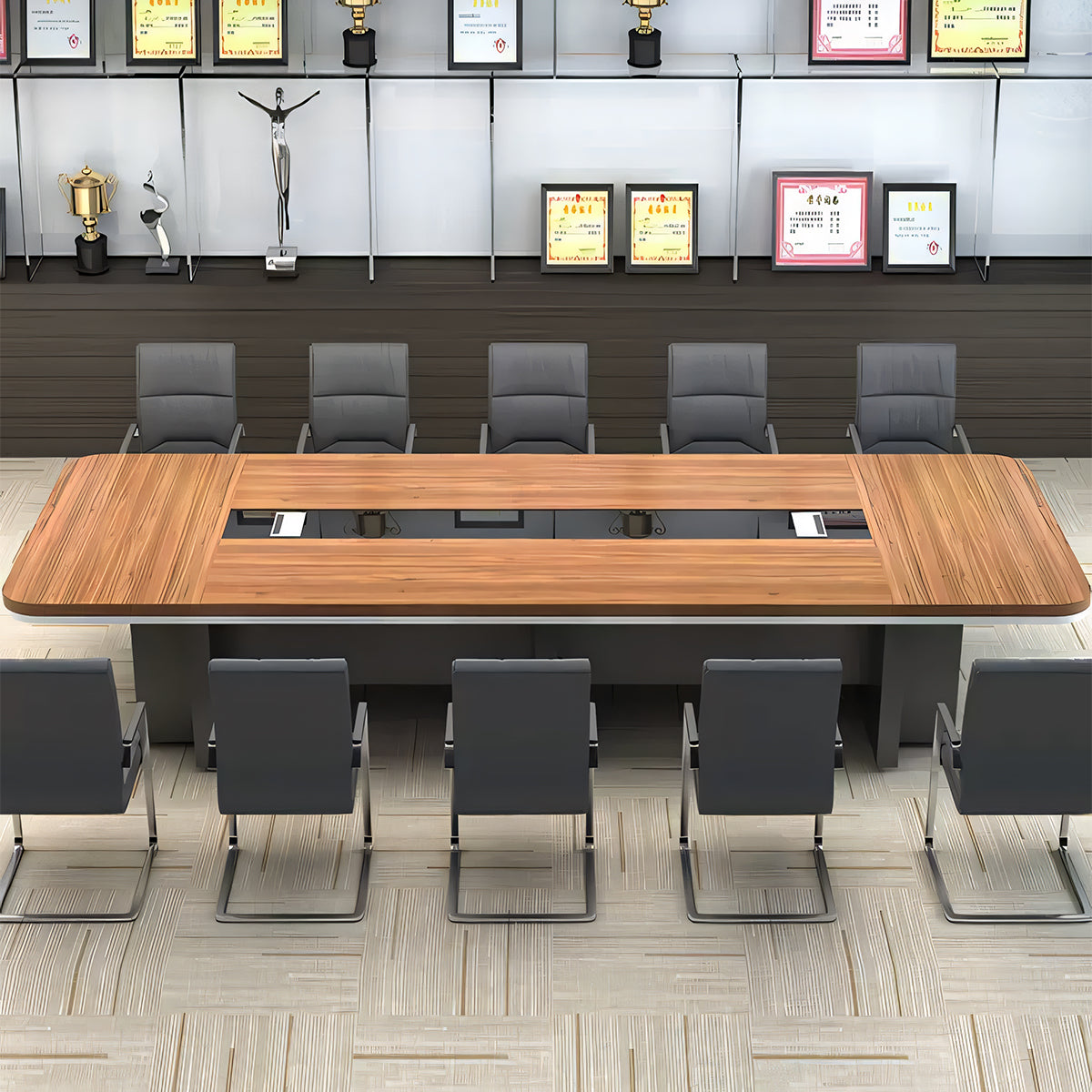 多人数対応 配線ボックス付き 扉収納付き 長方形タイプ 上品 事務机 会議テーブル 大型会議テーブル ミーティング用テーブル 会社用 事務所用 木目調 カスタマイズ可能 HYZ-T069 tomokagu
