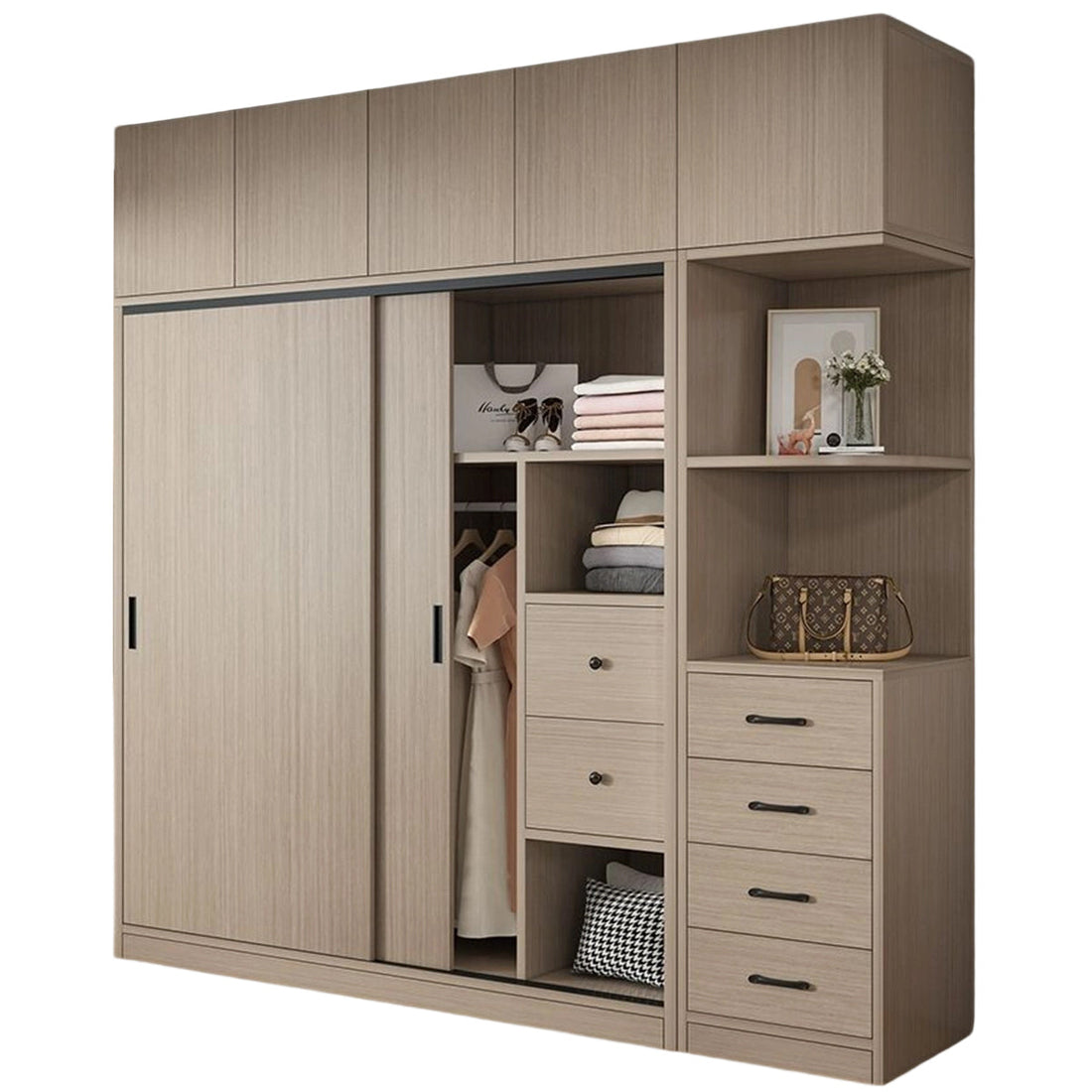 エコ板材 上置き収納 収納棚 大容量 分類収納 引き出し 物干し竿 引き戸 省スペース クローゼット 壁面収納 ワードローブ 多目的 実用 ウォールナット カスタマイズ可能 YG-K014