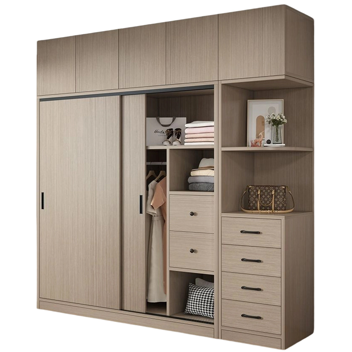 エコ板材 上置き収納 収納棚 大容量 分類収納 引き出し 物干し竿 引き戸 省スペース クローゼット 壁面収納 ワードローブ 多目的 実用 ウォールナット カスタマイズ可能 YG-K014