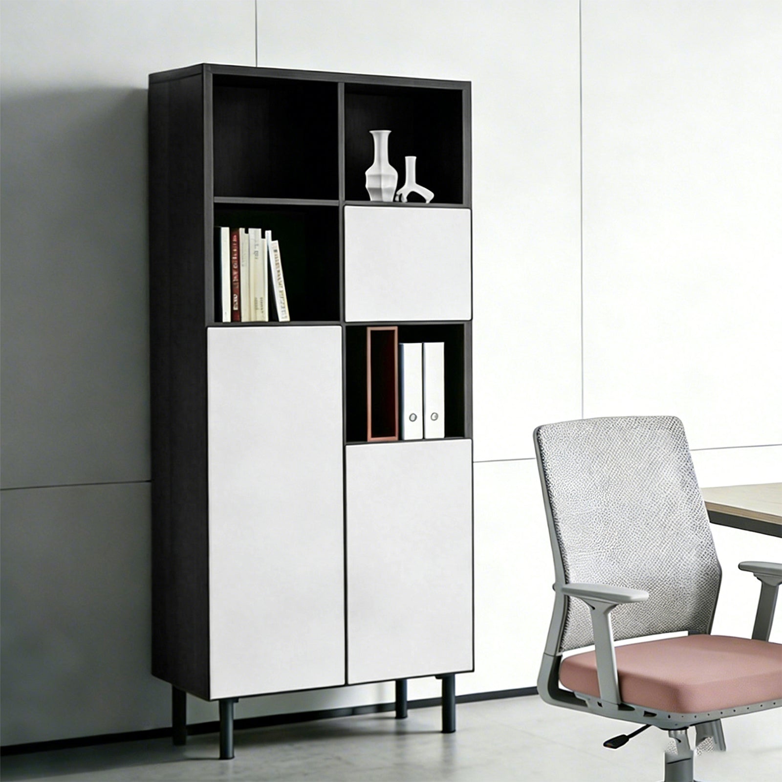 オフィス収納キャビネット メラミン化粧板 大容量収納 耐荷重 丸型脚 プッシュオープン扉 カスタマイズ可能 CWG-H0-G0