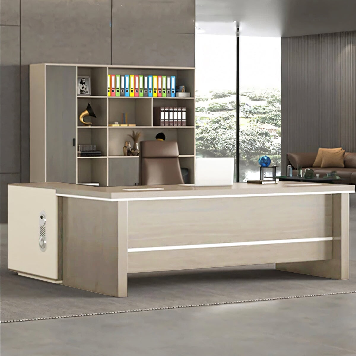 サイドワゴン付き 幕板付き 通気孔付き 引き出し付き Ⅼ字タイプ 会社用 事務所用 事務机 Ⅼ字デスク 事務デスク ウォールナット カスタマイズ可能 LBZ-T075