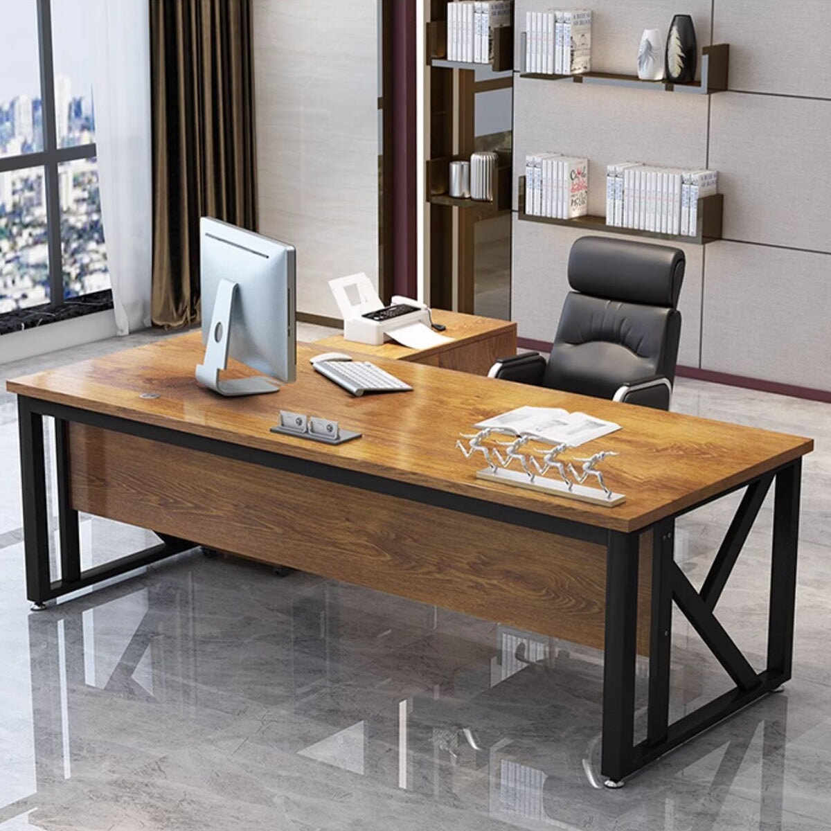 炭素鋼フレーム アジャスター付き エコ板材 サイドキャビネット付き 取っ手付き エグゼクティブデスク ライトウォールナット ダークウォールナット カスタマイズ可能 LBZ-T043 tomokagu