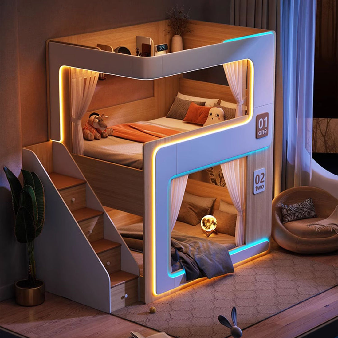 二段ベッド ベット おしゃれ LEDライト付き可能 エコ素材 ハシゴ 階段 引き出し R加工 SCC-T055