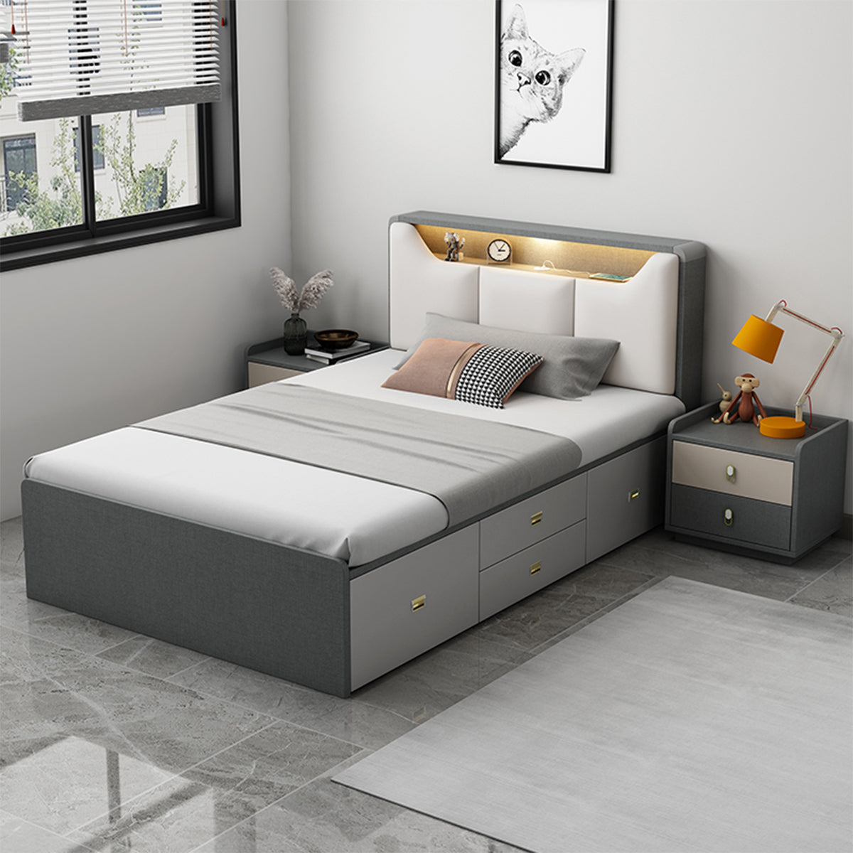フタ式収納 収納力抜群 宮棚 引き出し ベッド 木製フレーム 収納ベッド ベッドフレーム 新居 セムダブル デスク付き シック グレー BED-T081