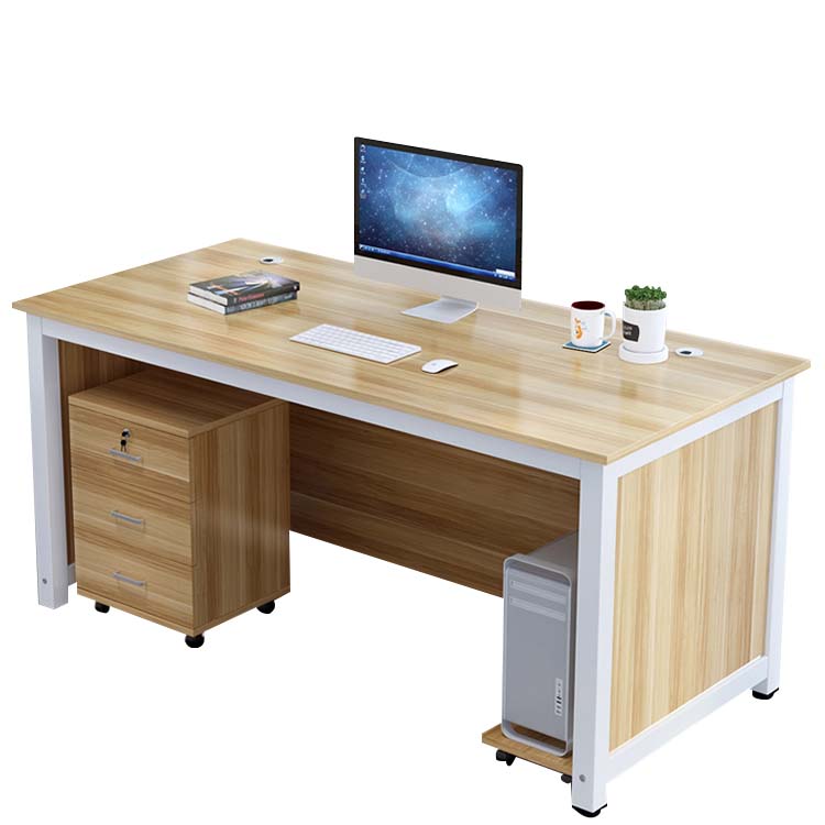 オフィスデスク 事務デスク オフィス用 木目調 PCカート付き 引出し付き 錠付き 配線孔付き ホワイト カスタマイズ可能