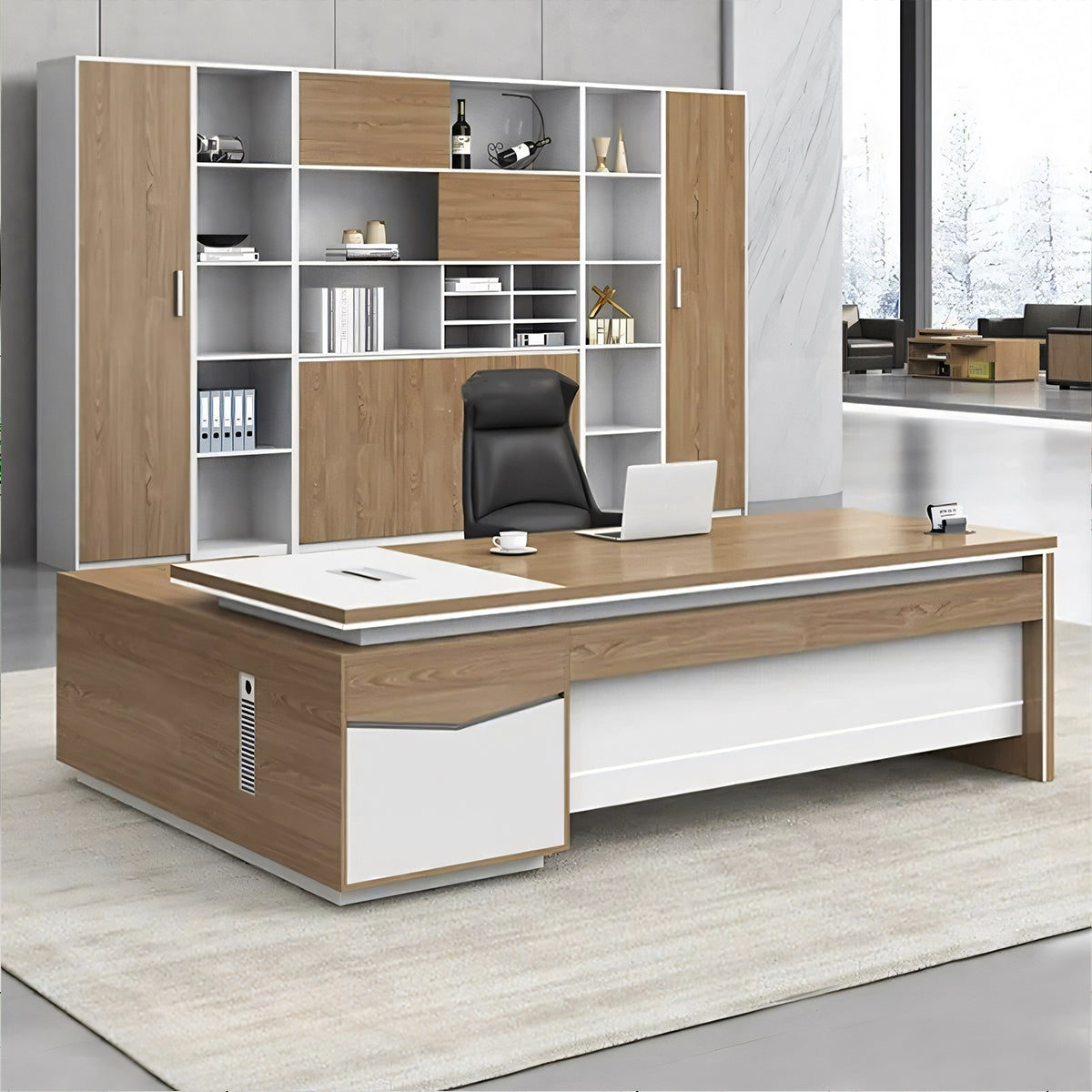 Ⅼ字タイプ サイドキャビネット付き 通気孔付き パソコンデスク 事務机 エグゼクティブデスク 役員室用 シンプル ホワイト ナチュラル カスタマイズ可能 LBZ-T085 tomokagu