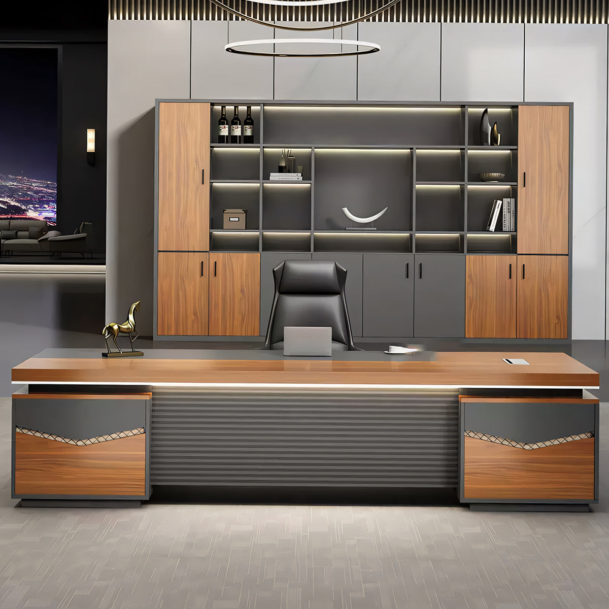 鍵付き 配線ボックス付き サイドキャビネット付き 幕板付き パソコンデスク 事務机 エグゼクティブデスク 役員室用 オシャレ 木目調 カスタマイズ可能 LBZ-T081 tomokagu