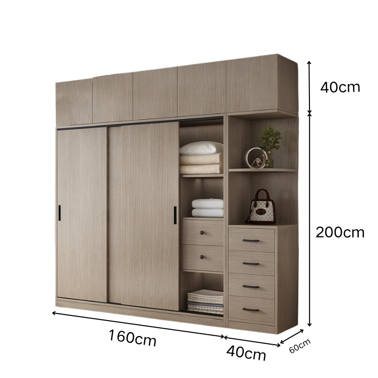 エコ板材 上置き収納 収納棚 大容量 分類収納 引き出し 物干し竿 引き戸 省スペース クローゼット 壁面収納 ワードローブ 多目的 実用 ウォールナット カスタマイズ可能 YG-K014