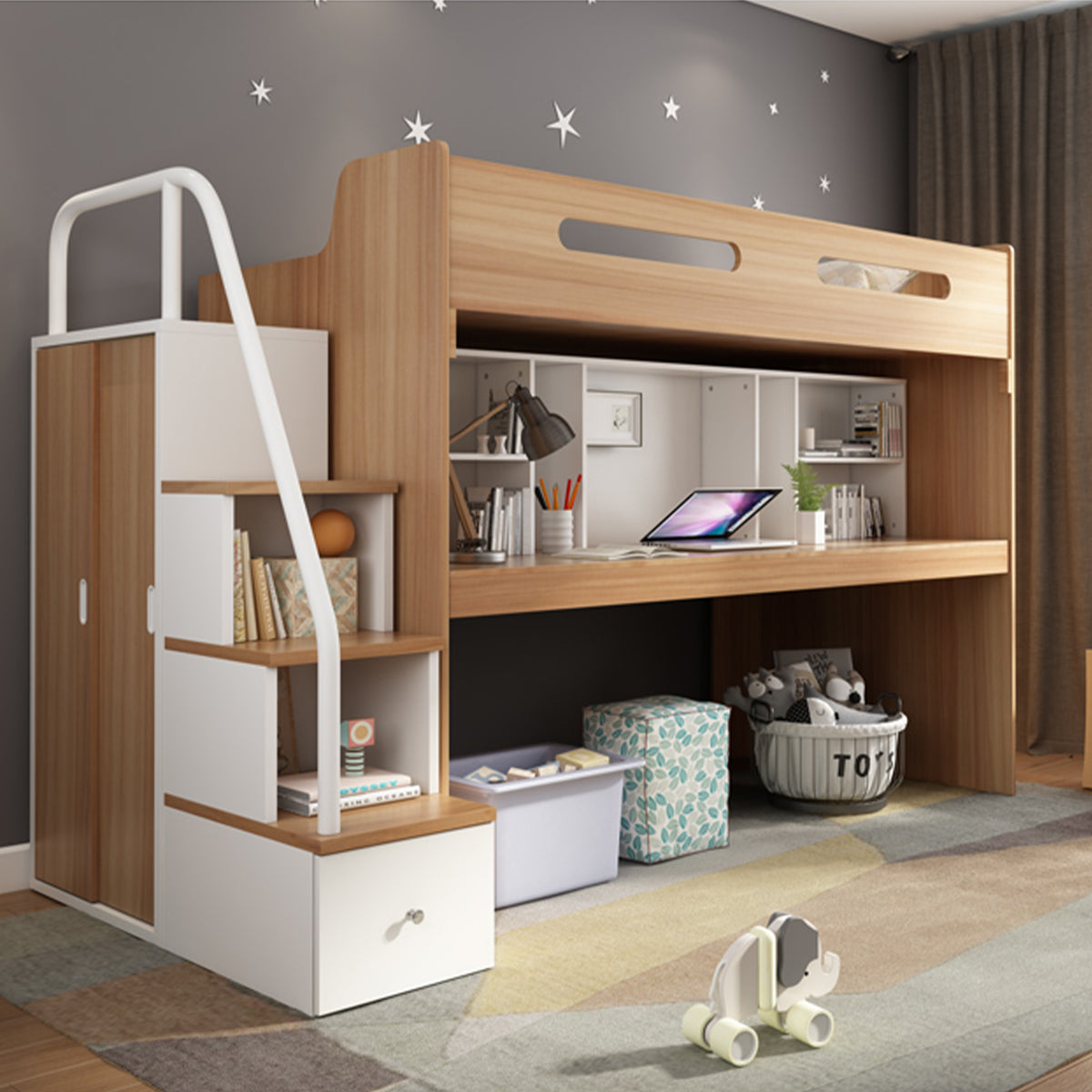 二段ベッド ベッドガード ワードローブ オープン収納 階段 ベット下収納 木目調 機能性 メラミン化粧板 エコ素材 SCC-T054
