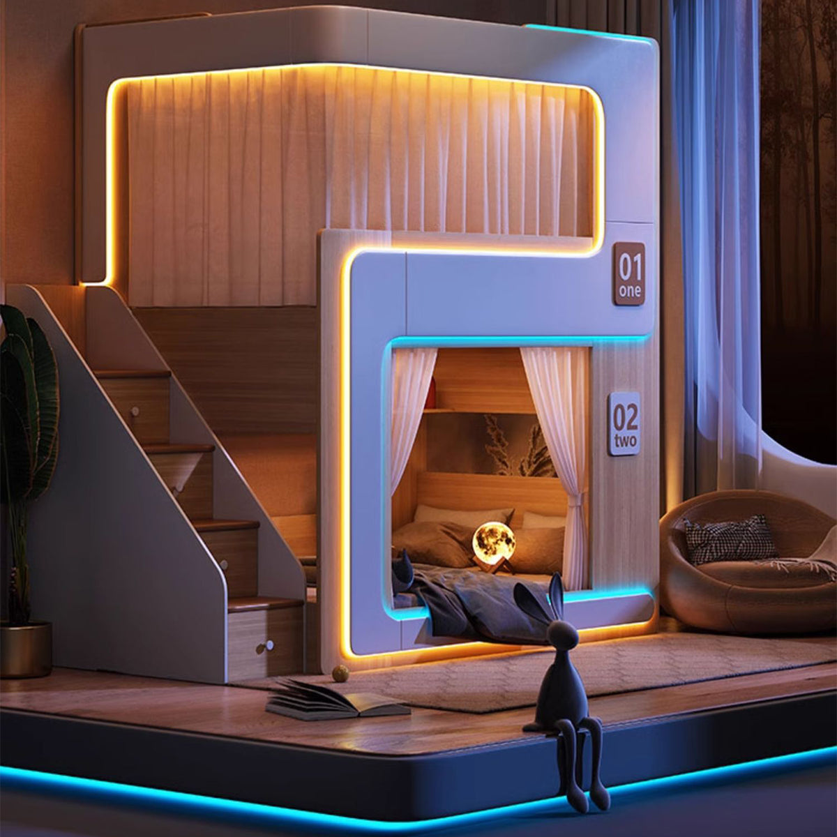 二段ベッド ベット おしゃれ LEDライト付き可能 エコ素材 ハシゴ 階段 引き出し R加工 SCC-T055