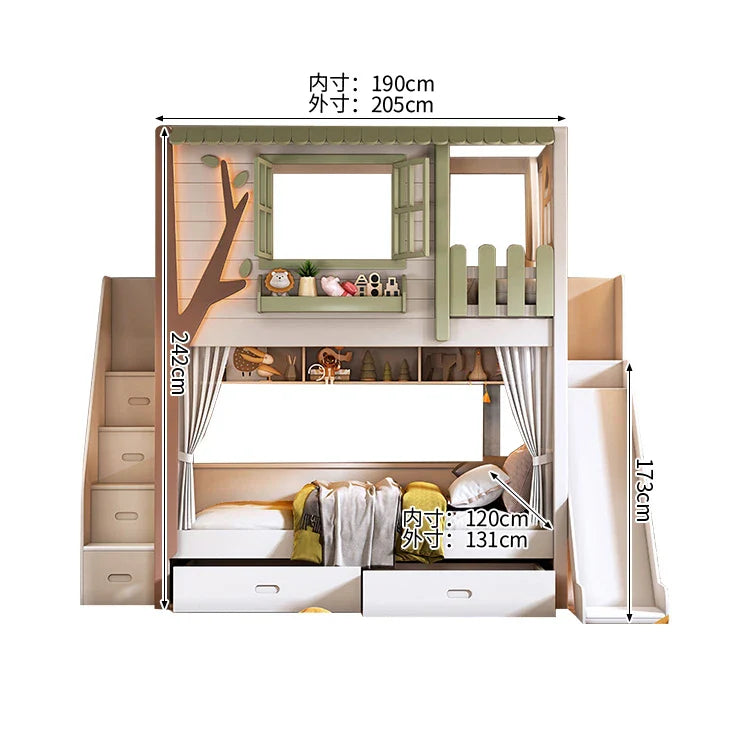 二段ベッド キッズベッド 木製二段ベッド 子供部屋用家具 ツリーハウスデザイン 厚手マツ無垢床板 落下防止全方位保護 高い耐荷重 ホワイト SCC-S079