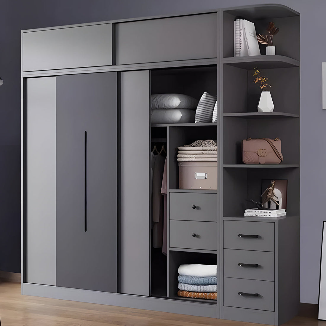 衣装室 衣類収納ユニット クローゼットキャビネット エコ板材 上置き収納 サイド収納棚 大容量  引き戸 省スペース 分類収納 クローゼット ワードローブ YG-S019