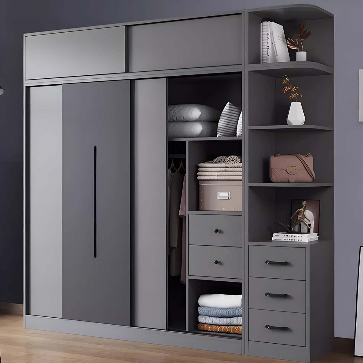 衣装室 衣類収納ユニット クローゼットキャビネット エコ板材 上置き収納 サイド収納棚 大容量  引き戸 省スペース 分類収納 クローゼット ワードローブ YG-S019