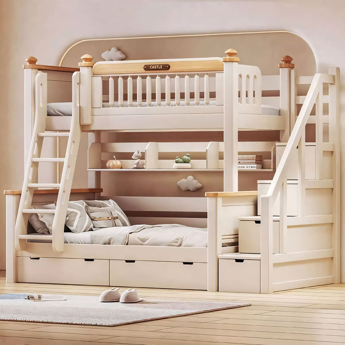 ベッド 二段ベッド 子供用 ベッドガード 角柱 天然木 すのこ 角丸加工 手すり付き 滑り止め加工 はしご 階段 引き出し 実用 分割可能 ホワイト カスタマイズ可能 SCC-K019 KAGUYASU