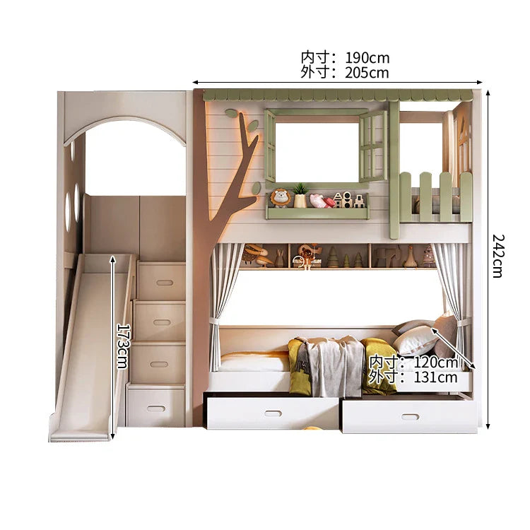 二段ベッド キッズベッド 木製二段ベッド 子供部屋用家具 ツリーハウスデザイン 厚手マツ無垢床板 落下防止全方位保護 高い耐荷重 ホワイト SCC-S079