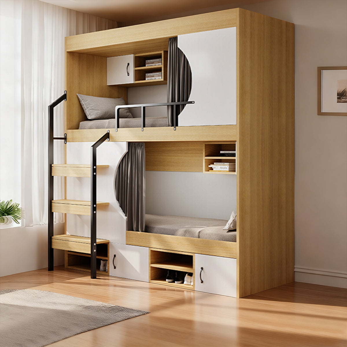 二段ベッド 親子ベッド はしご スチール 収納 開き戸 シューズボックス ナチュラル カスタマイズ可能 SCC-T041