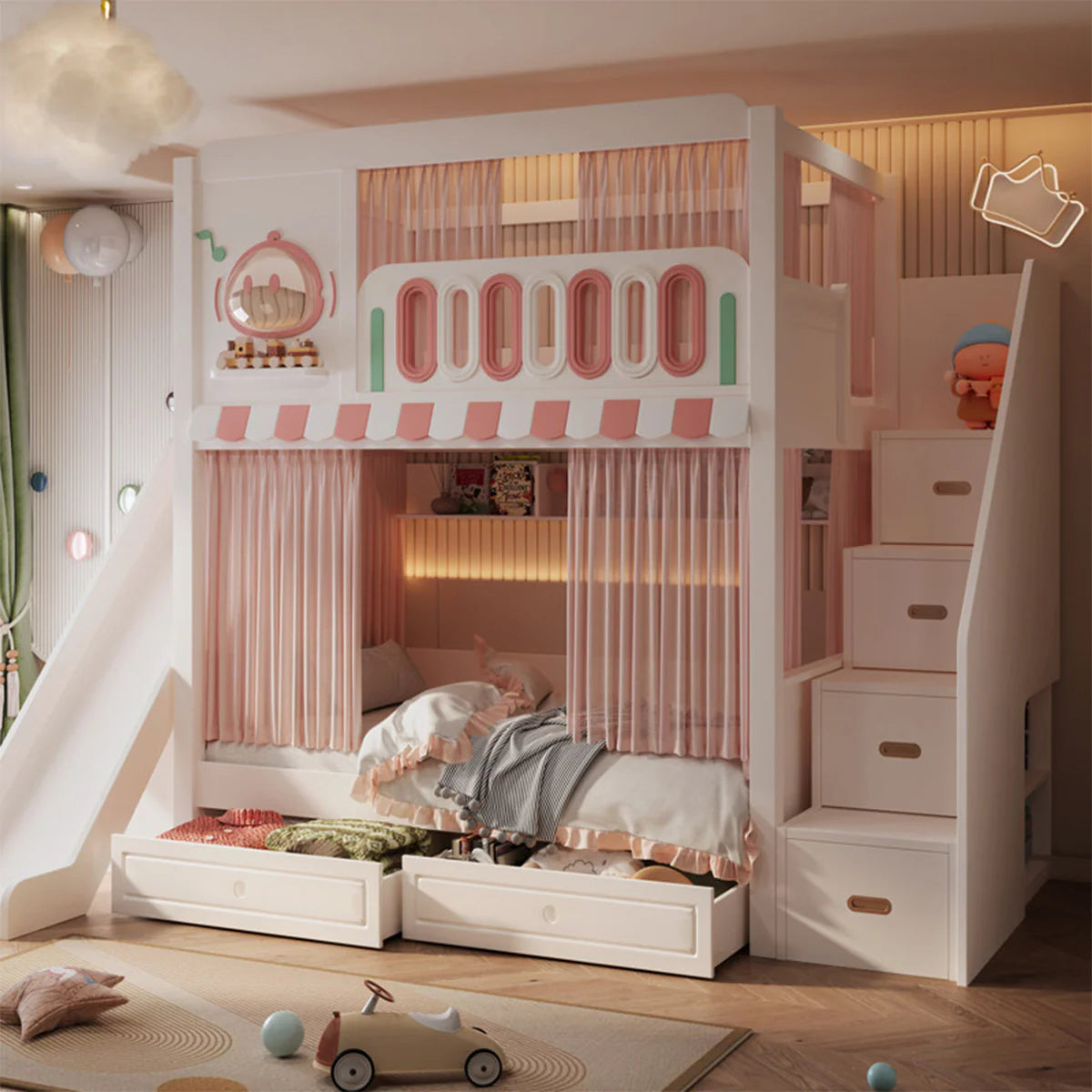 二段ベッド キッズベッド 子供部屋用家具 木製二段ベッド お城デザイン 落下防止設計 滑り止め加工ハシゴ 安定感のある構造 無垢材製ハシゴ ホワイト フェアリーテイルテイスト SCC-S078