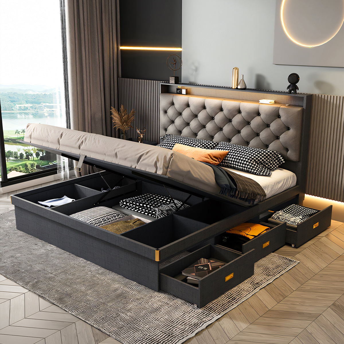 巾木よけ 跳ね上げ式 収納力抜群 優れた耐久性 宮付き 木製フレーム ベッド 収納ベッド ベッドフレーム ダブルベッド 子供 夫婦 一人暮らし 贅沢感 グレー BED-T056 tomokagu