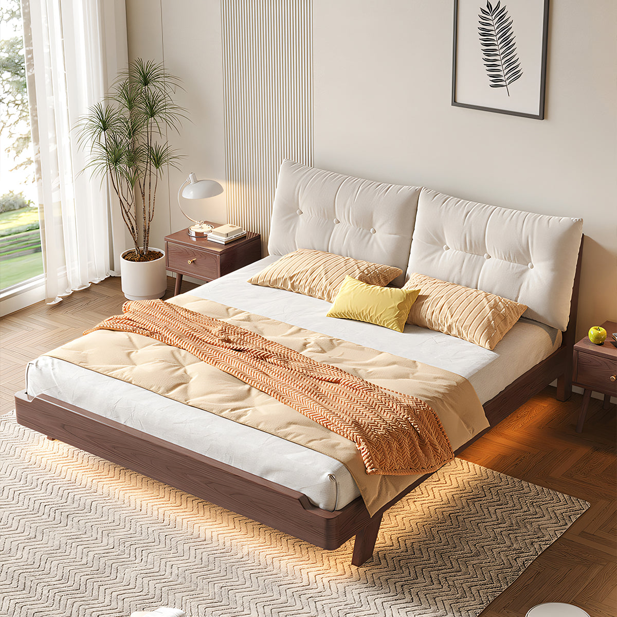 ベロア 天然木 優れた耐久性 木製フレーム ベッド すのこベッド ベッドフレーム キング セミダブル 寝室 シンプル ウォールナット カスタマイズ可能 BED-T074 tomokagu