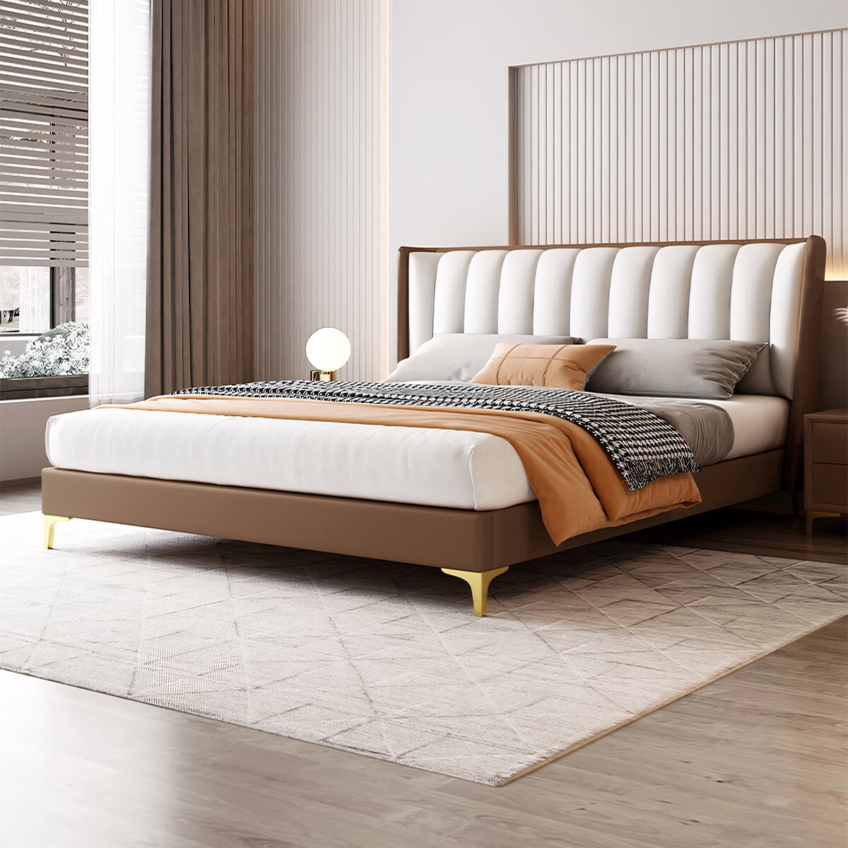 手の届く贅沢 シンプル モダン 主寝室 タイニーハウス 新婚用 ダブル 柔らかい 無垢材 トップレイヤーレザー ベッド