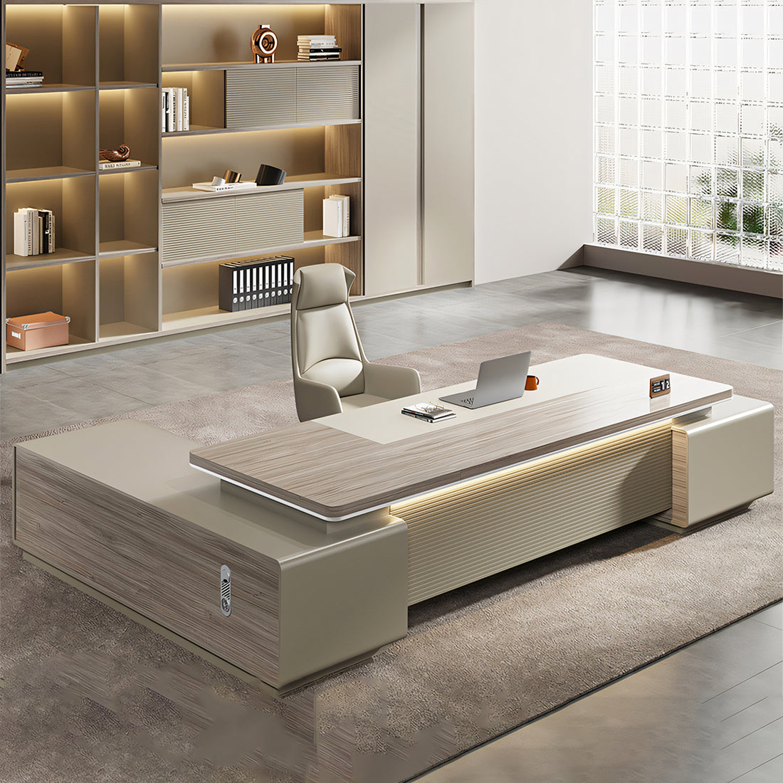 シック 明るい 高級感 贅沢 木目調 通気孔 エグゼクティブデスク 役員デスク L字デスク 社長机 メラミン化粧板 カスタマイズ可能 LBZ-T062