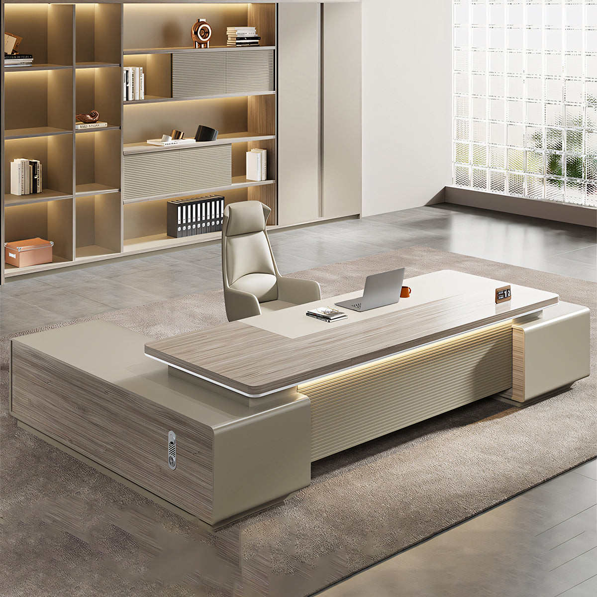 シック 明るい 高級感 贅沢 木目調 通気孔 エグゼクティブデスク 役員デスク L字デスク 社長机 メラミン化粧板 カスタマイズ可能 LBZ-T062