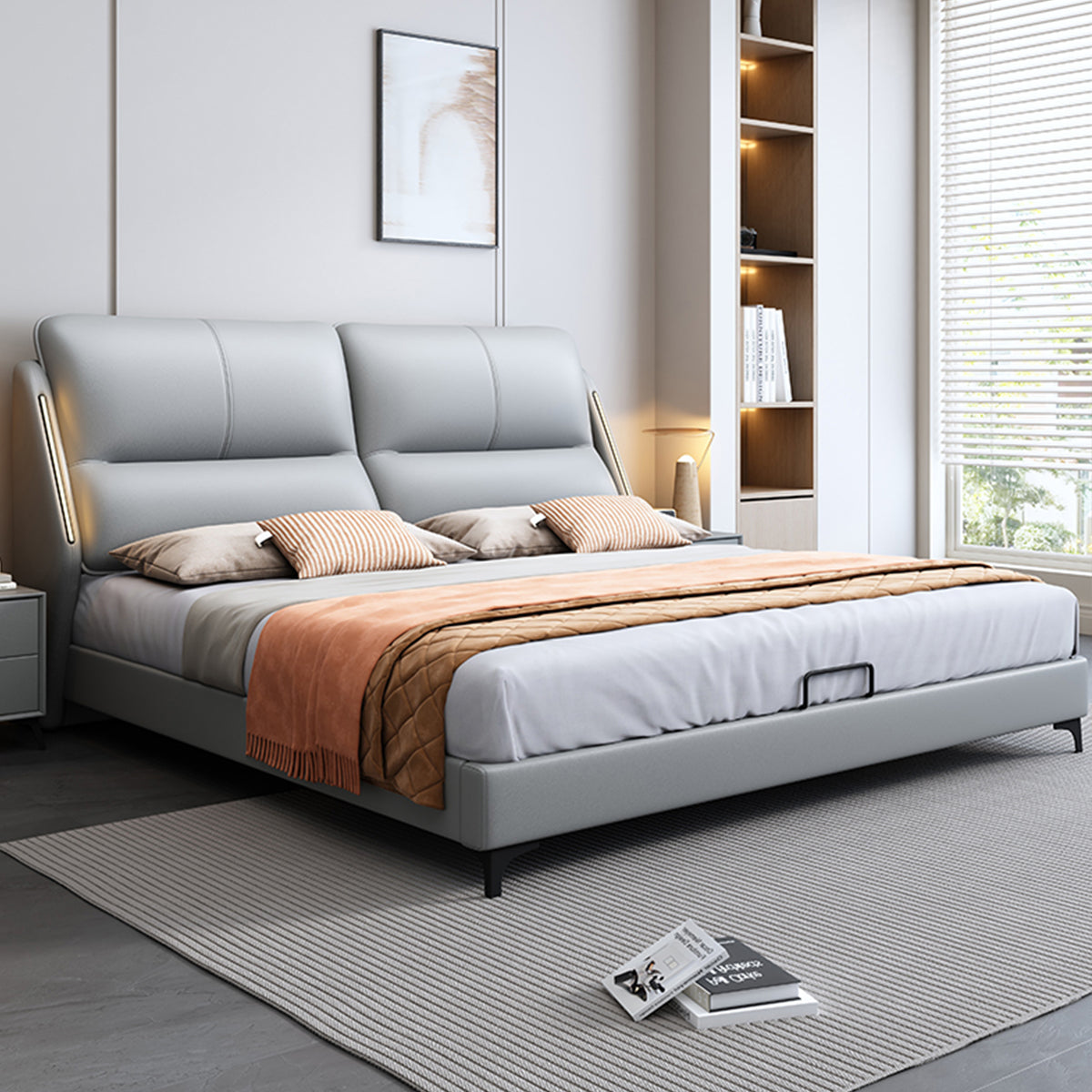 木製フレーム ウレタンフォーム填充 すのこ 収納付き LEDライト付き ベッド ダブルベッド ベッドフレーム ナッパレザー 上品 ホワイト グレー BED-T030 tomokagu