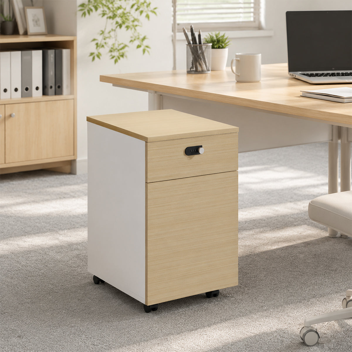 デスクワゴン キャビネット オフィスキャビネット 収納キャビネット 移動式収納庫 事務用 デスク横収納 キャスター付き 移動簡単 スムーズ移動 引き出し収納 省スペース シンプル おしゃれ 高品質 ホワイト ライトウッド BGG-00DMT-T003