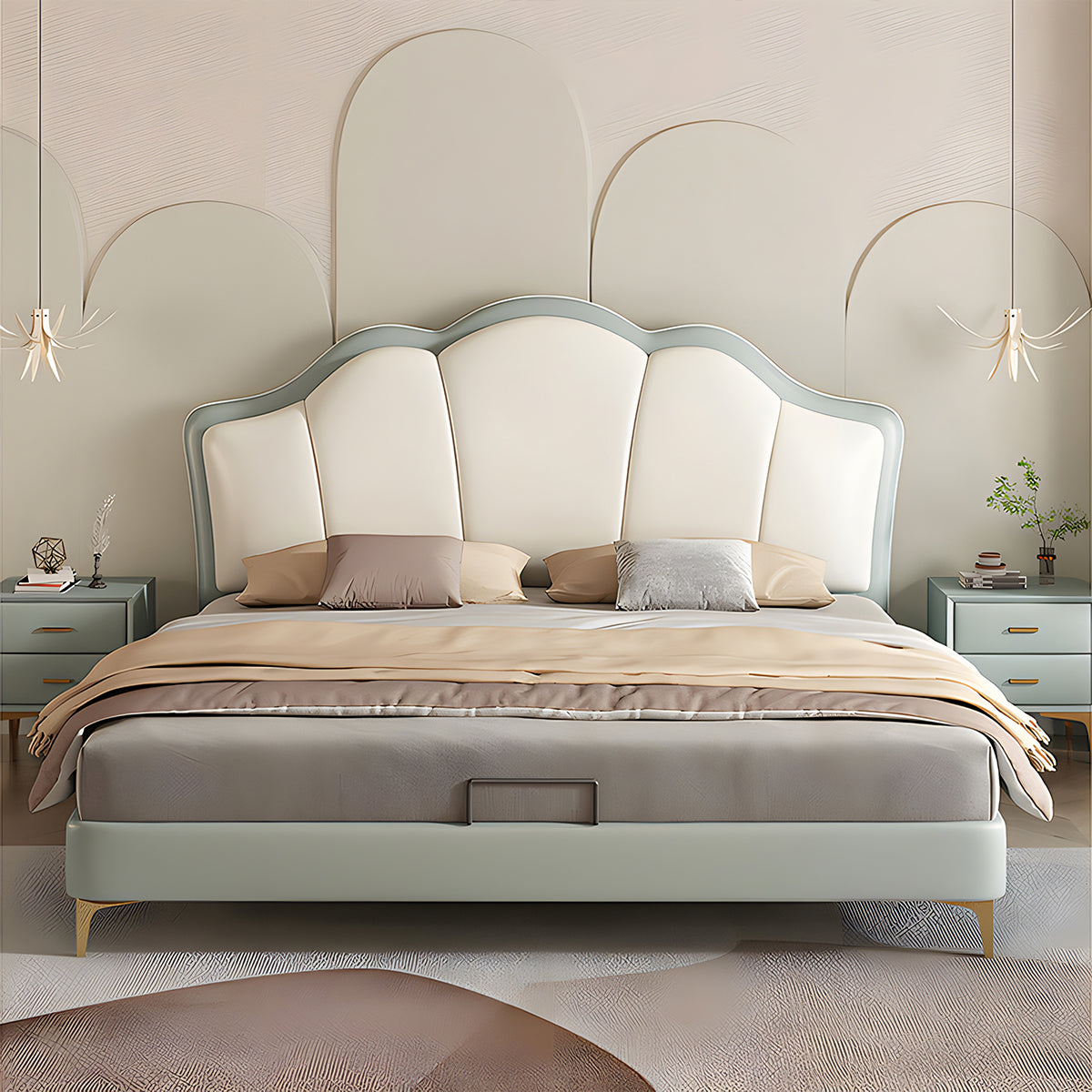 脚付き 優れた通気性 木製フレーム ベッド すのこベッド ベッドフレーム ダブル キング 柔らかい かわいい ライムグリーン ホワイト BED-T092 tomokagu