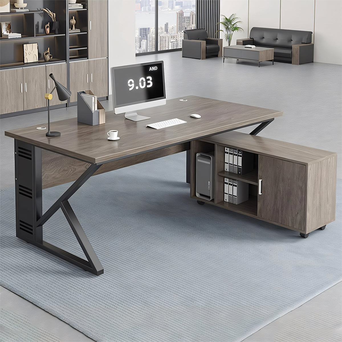 サイドワゴン付き 配線孔キャップ付き キャスター付き 事務机 ワークデスク オフィスデスク パソコンデスク 会社用 事務所用 在宅用 シンプル ホワイト BGZ-T038 tomokagu