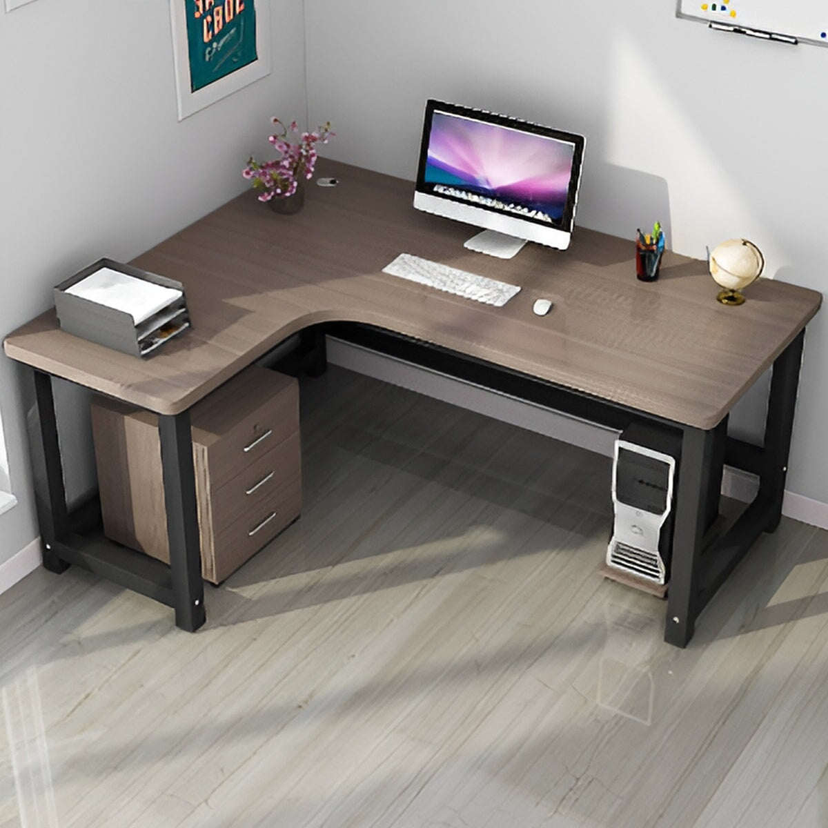 オフィスデスク 事務机 事務用デスク パソコンデスク ワークデスク デスク 配線穴 サイドキャビネット 木目調 BGZ-120 - kaguyasu