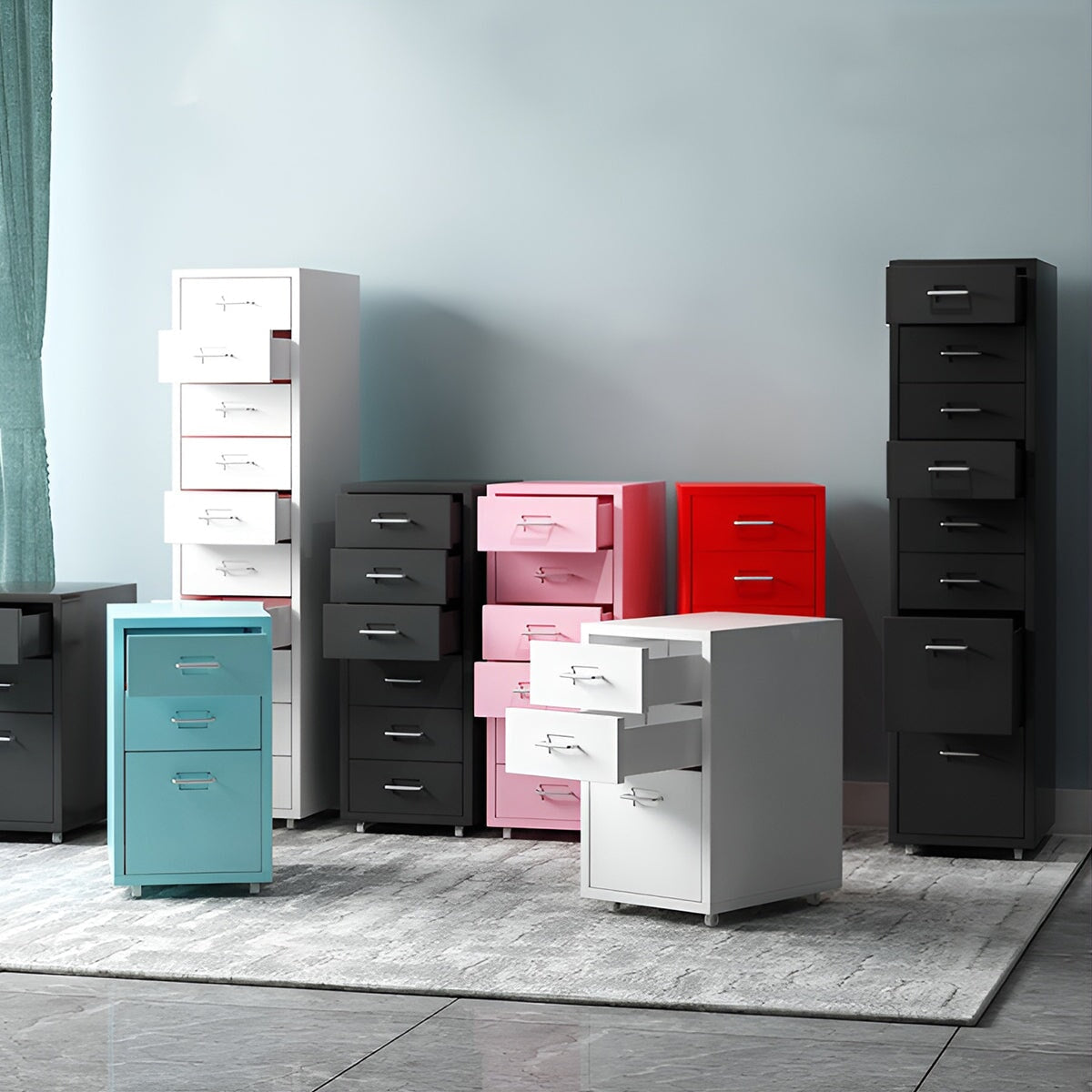 スチール材 冷間加工 頑丈 耐久性 取っ手付き キャスター カードホルダー チェスト キャビネット 収納 引き出し シンプル 実用 ホワイト CWG-K-064